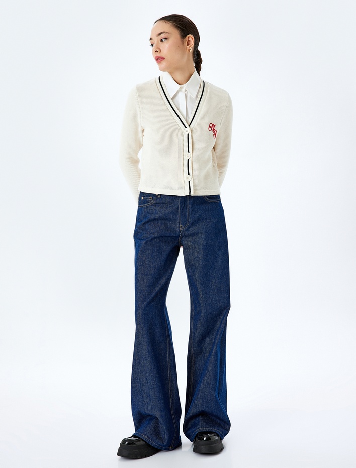  Nakış Detaylı Uzun Kollu Düğmeli Biyeli V Yaka Triko Hırka