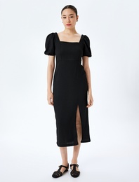 Kare Yaka Kısa Balon Kollu Sırtı Bağlama Detaylı Midi Elbise Bürümcük