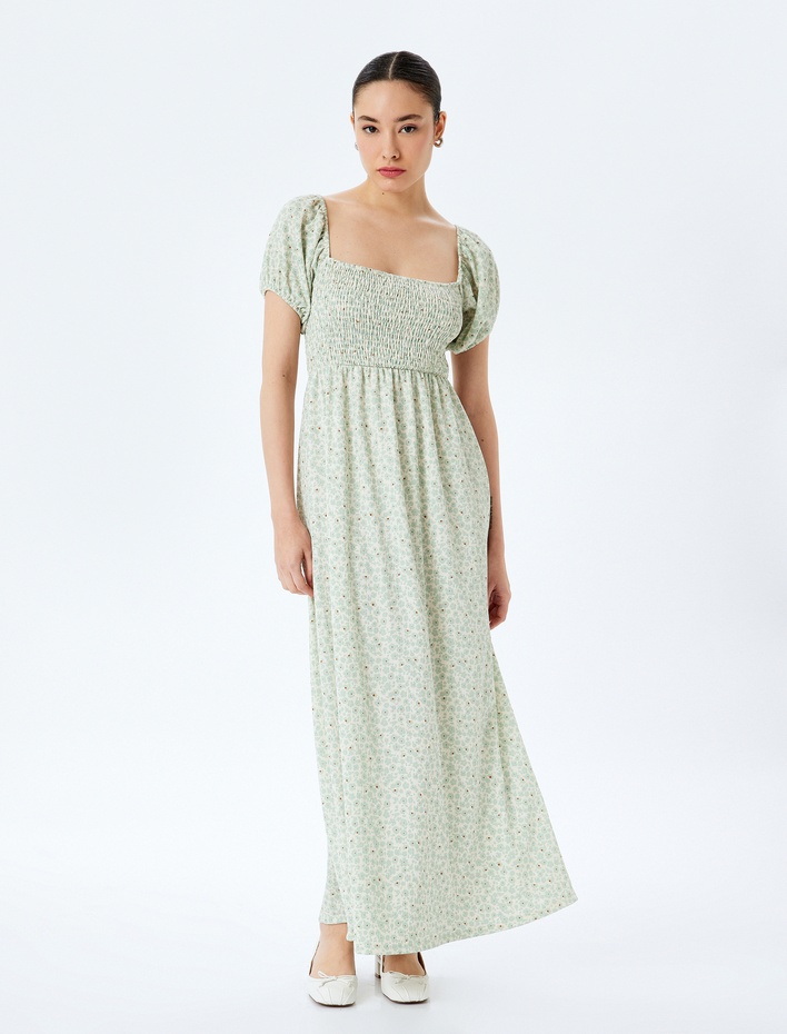  Balon Kol Kare Yaka Gipeli Çiçekli Uzun Elbise Bürümcük