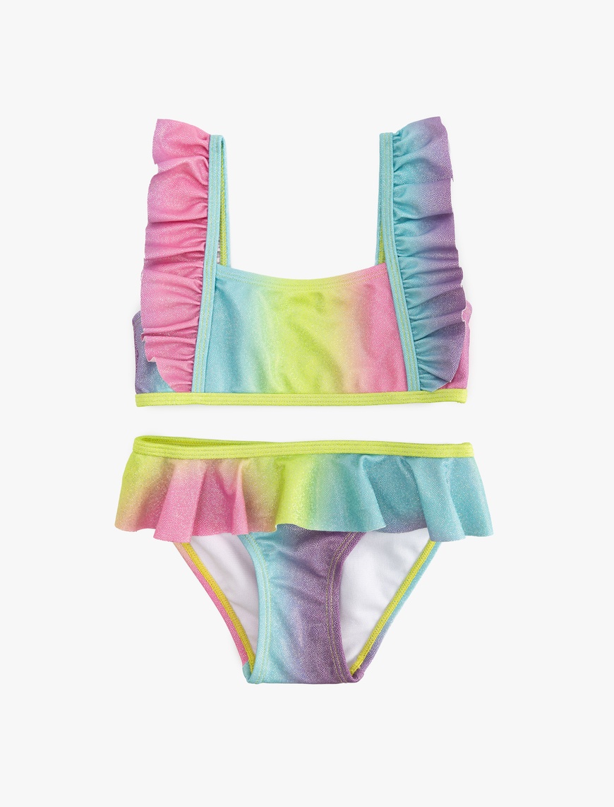  Kız Çocuk Parlak Askılı Fırfırlı Bikini Takımı