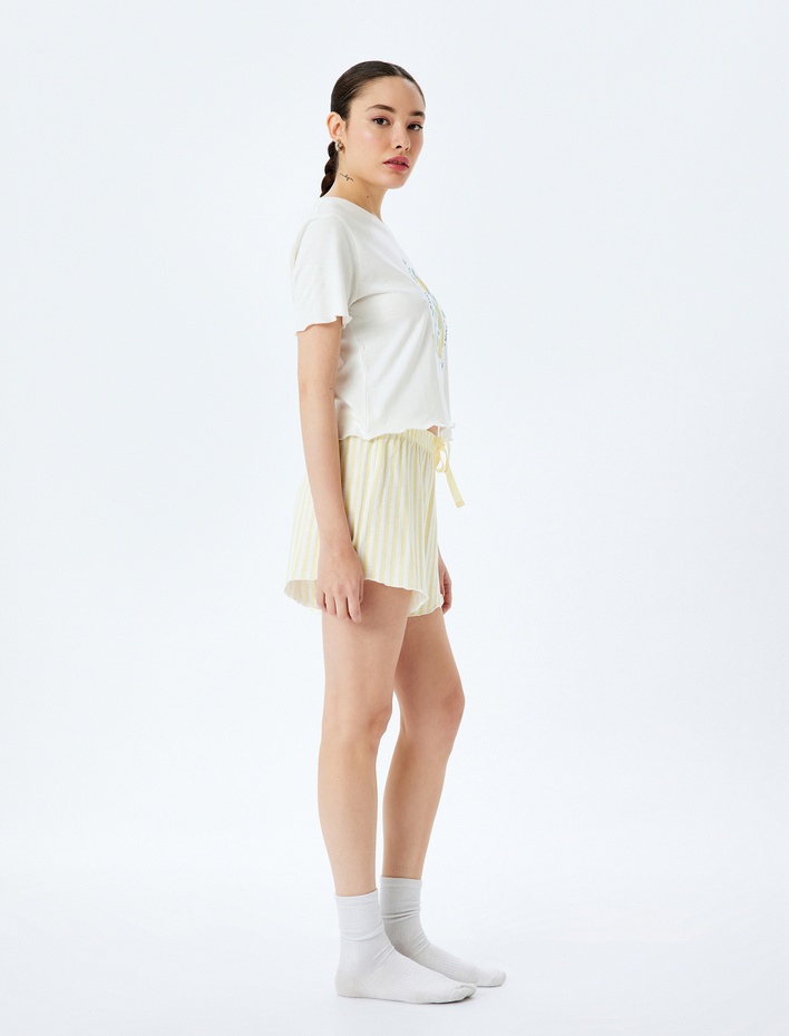  Pamuklu Limon Baskılı Kısa Kollu Şortlu Örme Pijama Takımı