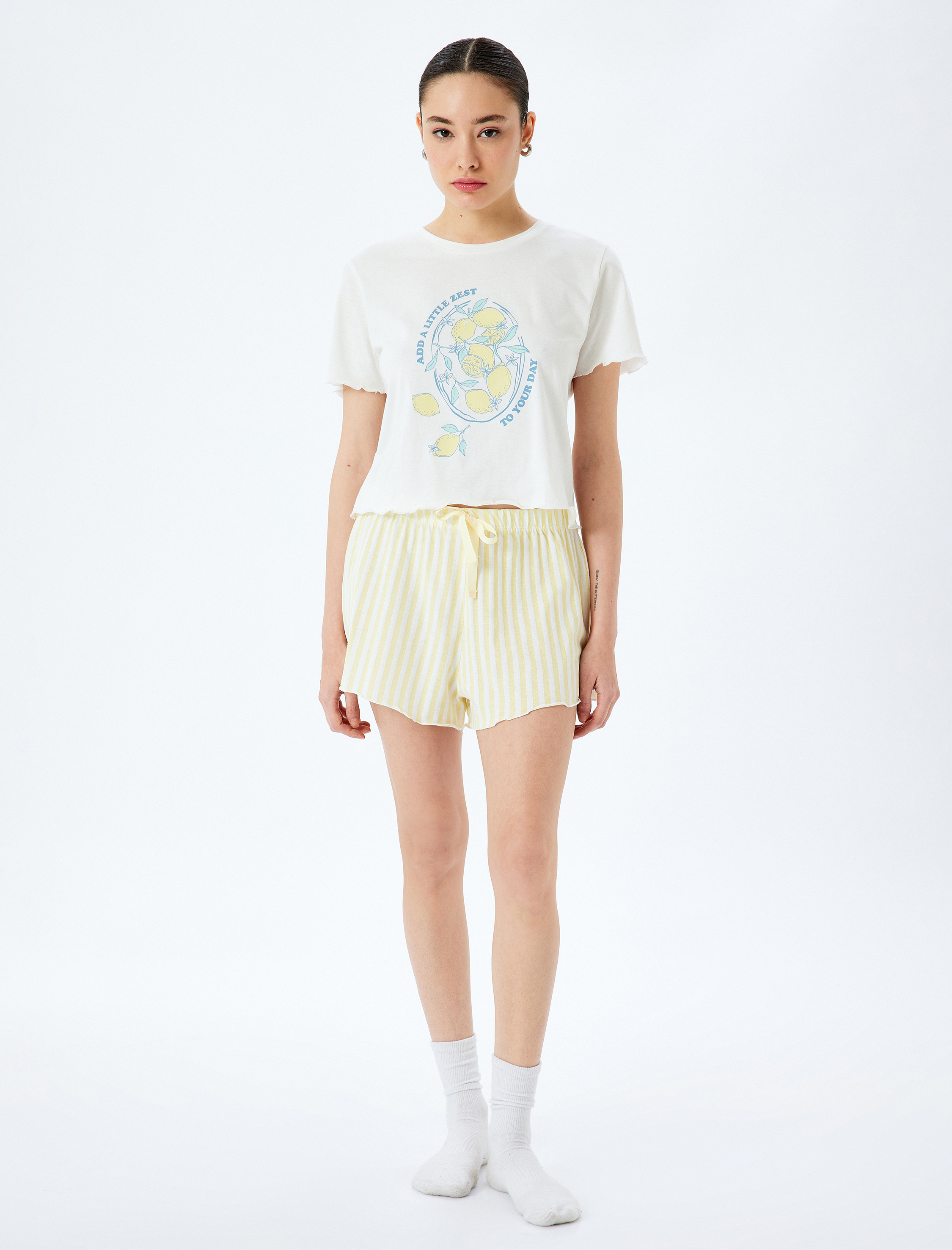   Pamuklu Limon Baskılı Kısa Kollu Şortlu Örme Pijama Takımı