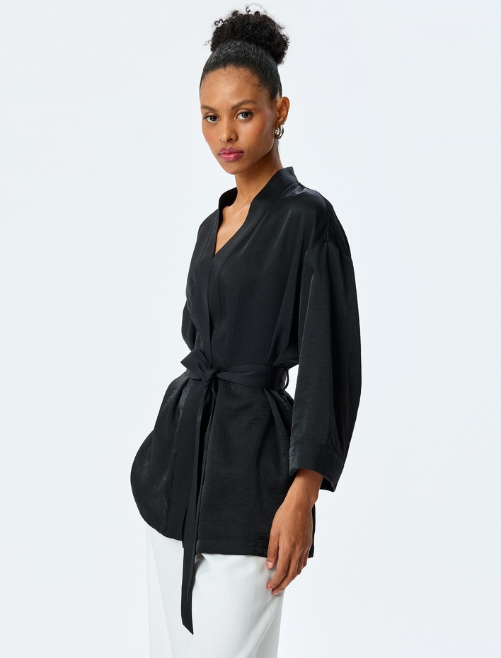  Viskon Bol Kalıp Uzun Geniş Kollu Kemerli Şal Yaka Kimono