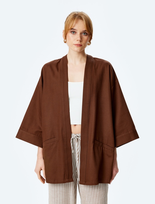 Pamuklu Cepli 3/4 Geniş Kol Oversize Kimono_2