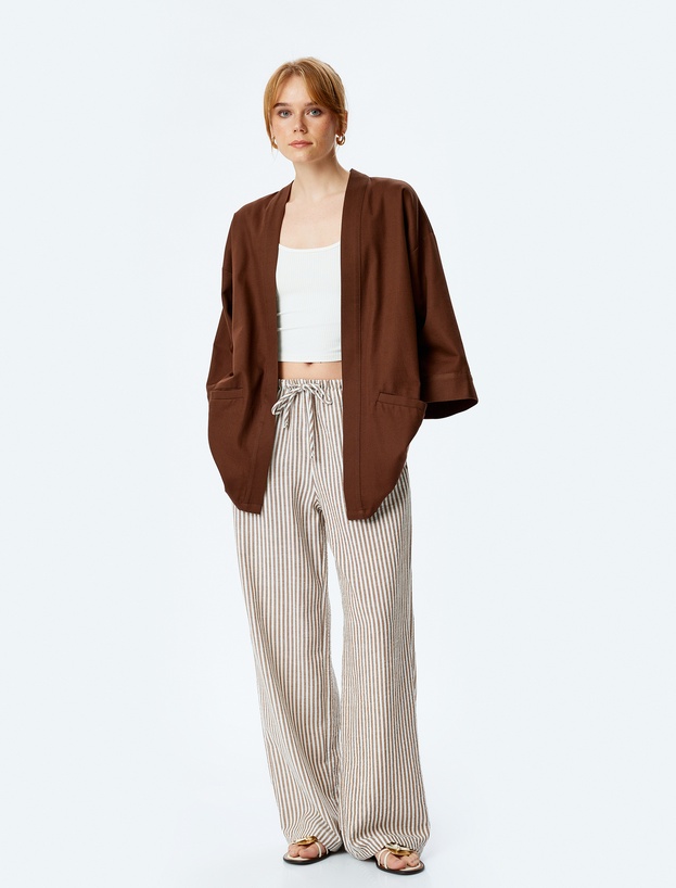 Pamuklu Cepli 3/4 Geniş Kol Oversize Kimono_1