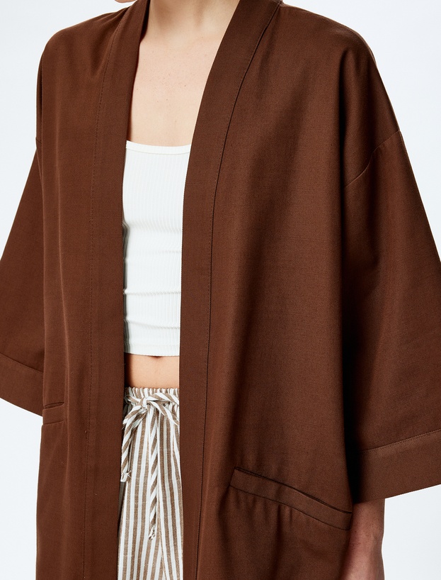 Pamuklu Cepli 3/4 Geniş Kol Oversize Kimono_4