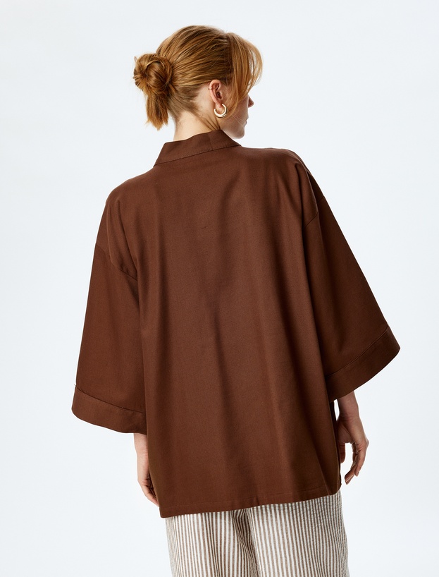 Pamuklu Cepli 3/4 Geniş Kol Oversize Kimono_3