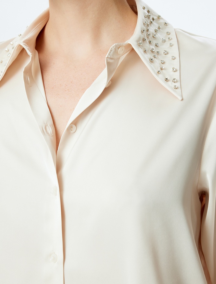  Uzun Kollu Klasik Yaka Taşlı Saten Gömlek