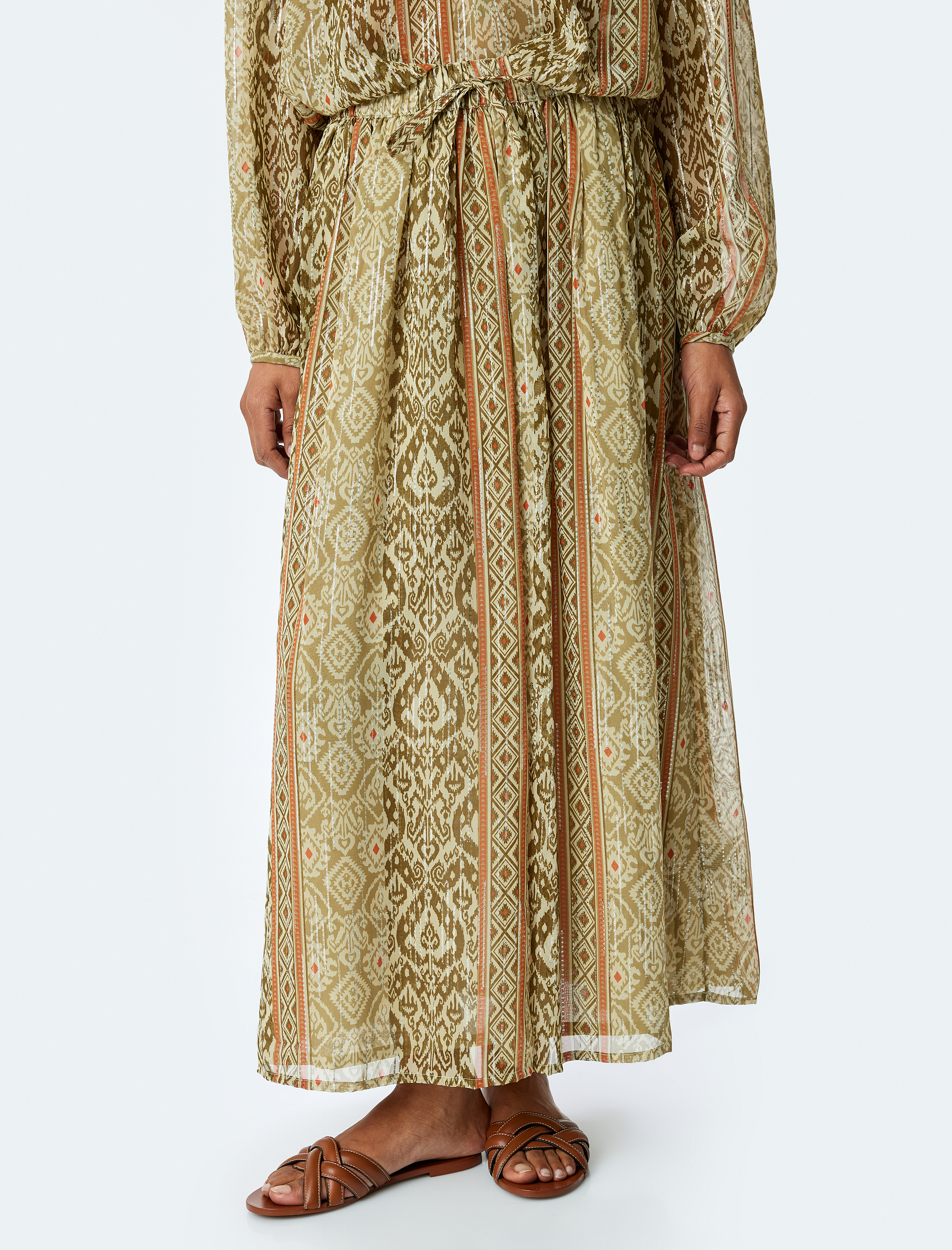   Boncuk İşlemeli Etnik Desenli Bol Kalıp Uzun Etek