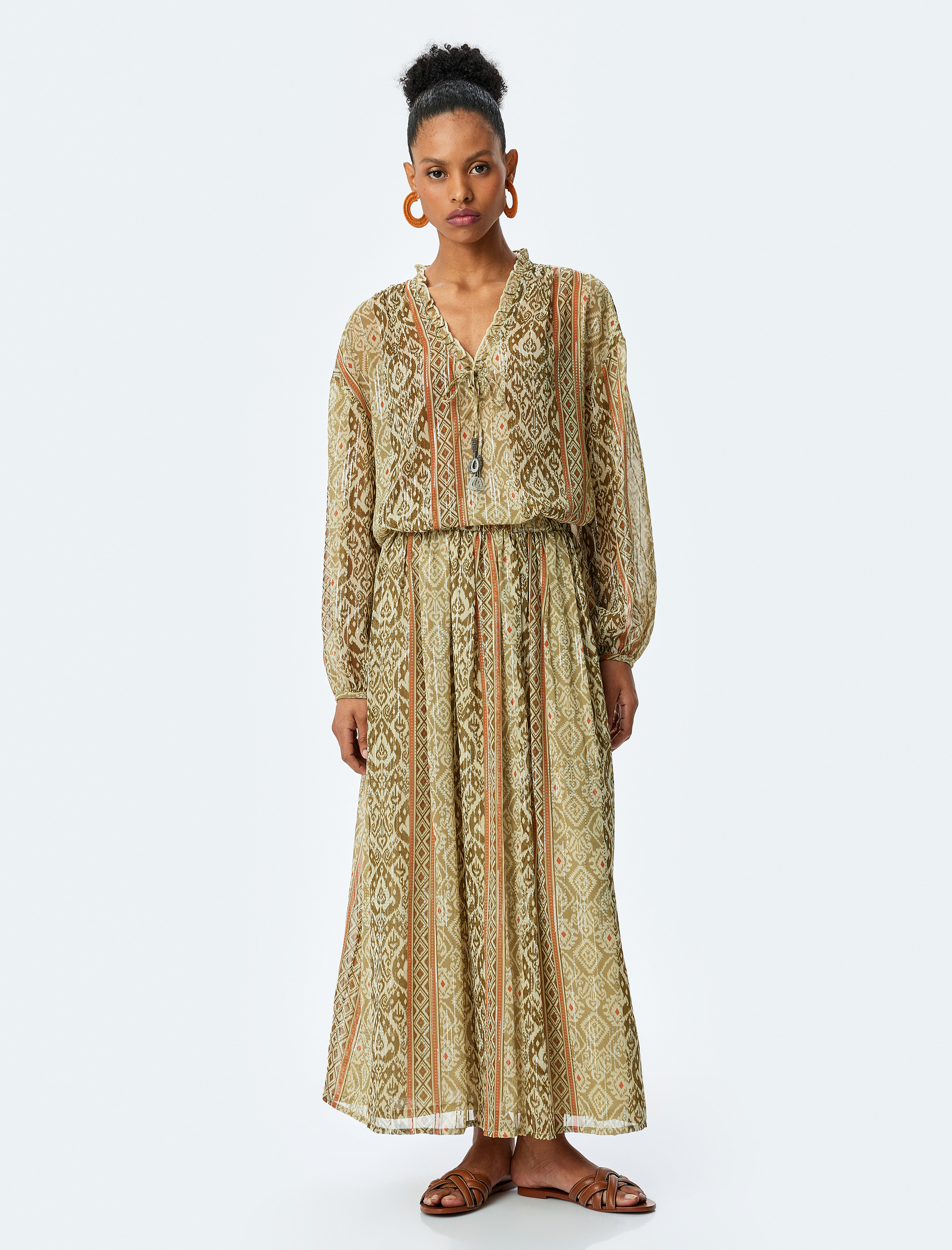   Boncuk İşlemeli Etnik Desenli Bol Kalıp Uzun Etek