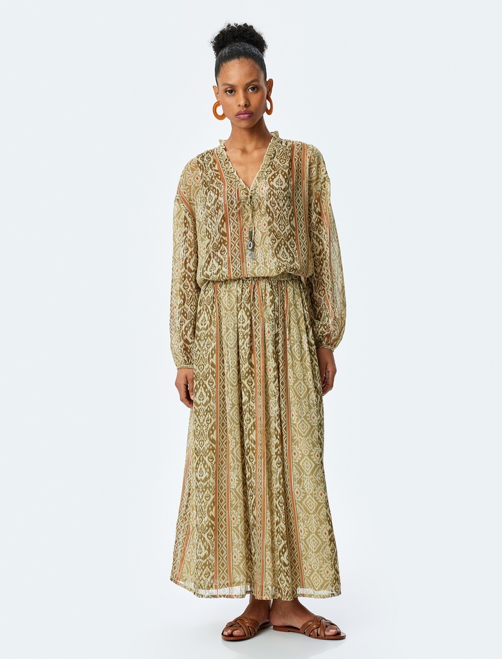  Boncuk İşlemeli Etnik Desenli Bol Kalıp Uzun Etek