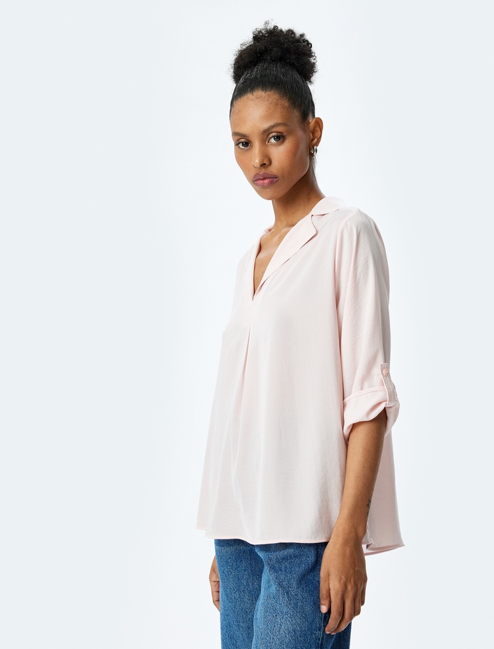  Kolları Katlama Detaylı 3/4 Kol Ceket Yaka Bluz