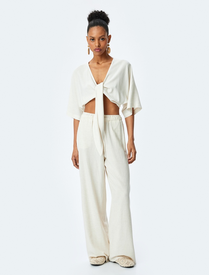  Viskon Keten Karışımlı Kimono Kol Bağlama Detaylı Crop Bluz