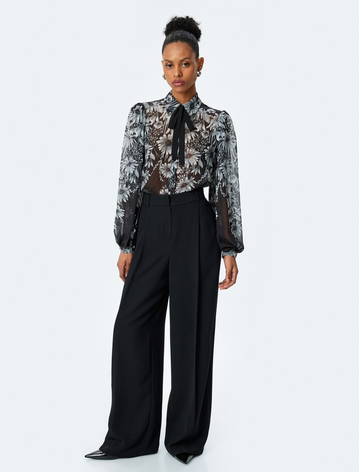  Bağlama Detaylı Uzun Kollu Çiçekli Şifon Gömlek