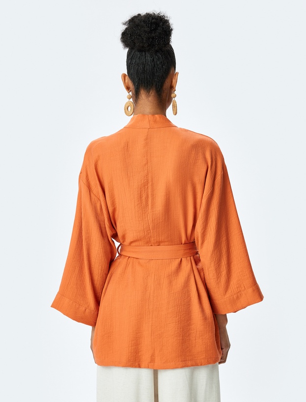 Viskon Bol Kalıp Uzun Geniş Kollu Kemerli Şal Yaka Kimono_3