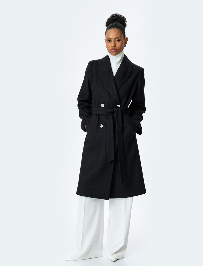  Cepli Kemerli Düğmeli Uzun Kruvaze Kaban