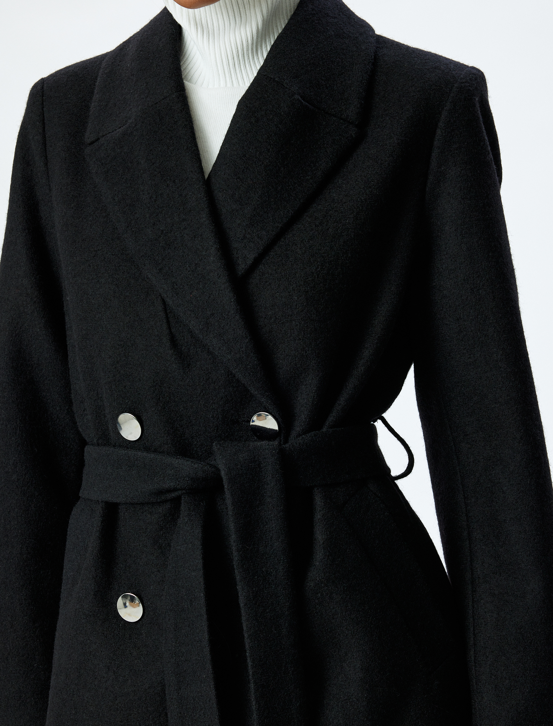   Cepli Kemerli Düğmeli Uzun Kruvaze Kaban