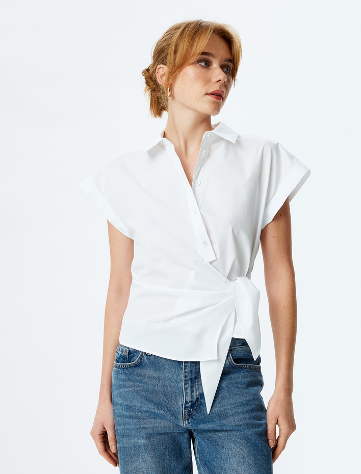  Pamuklu Kısa Kollu Bağlama Detaylı Kruvaze Poplin Gömlek