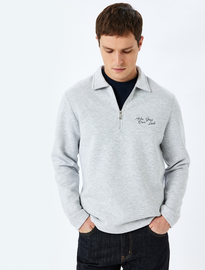  Slogan İşlemeli Pamuk Karışımlı Şardonlu Dikiş Detaylı Yarım Fermuarlı Sweatshirt