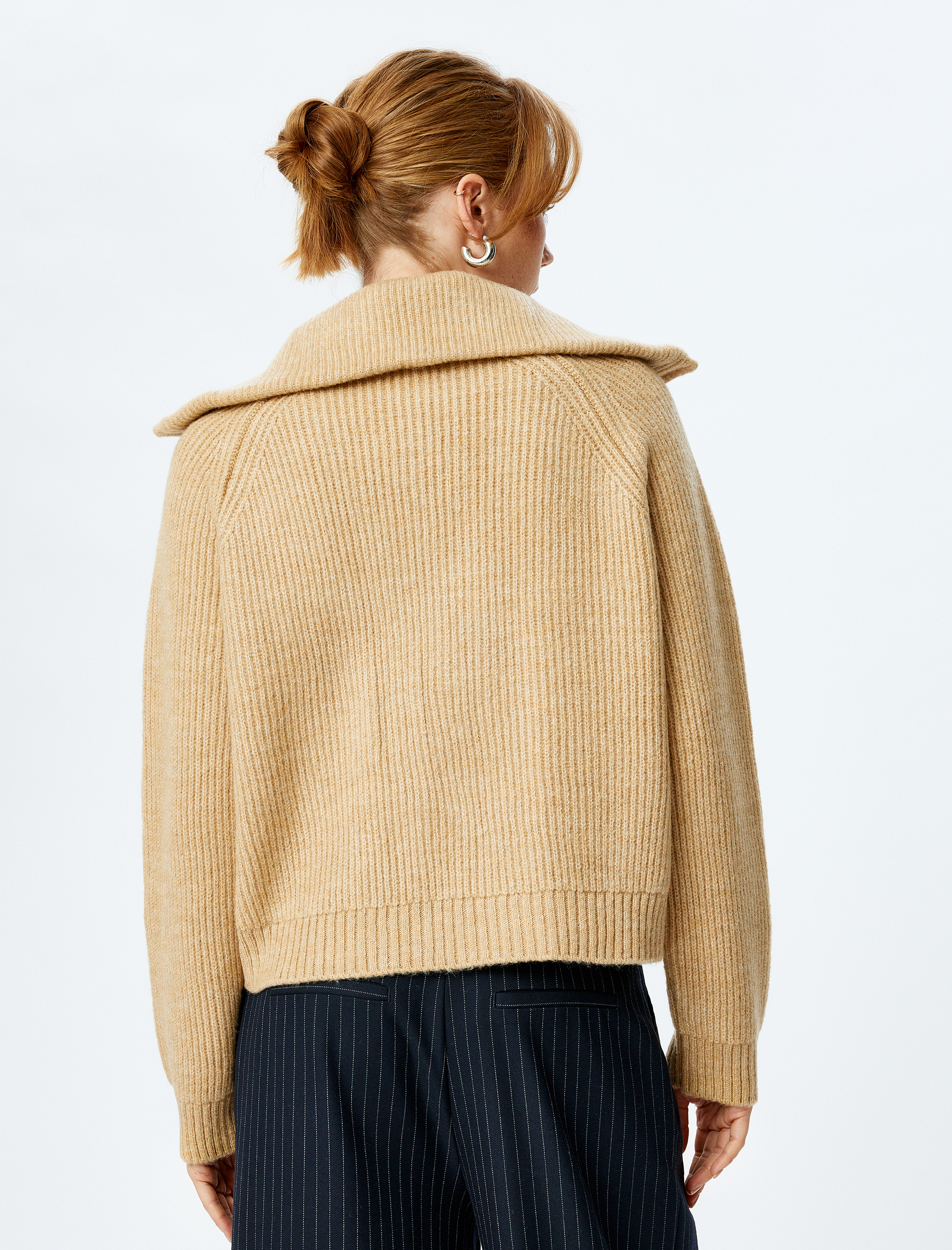   Dik Yaka Fermuarlı Uzun Kollu Triko Hırka