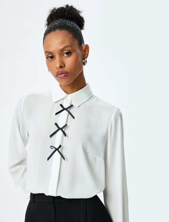  Fiyonk Detaylı Uzun Kollu Klasik Yaka Gömlek