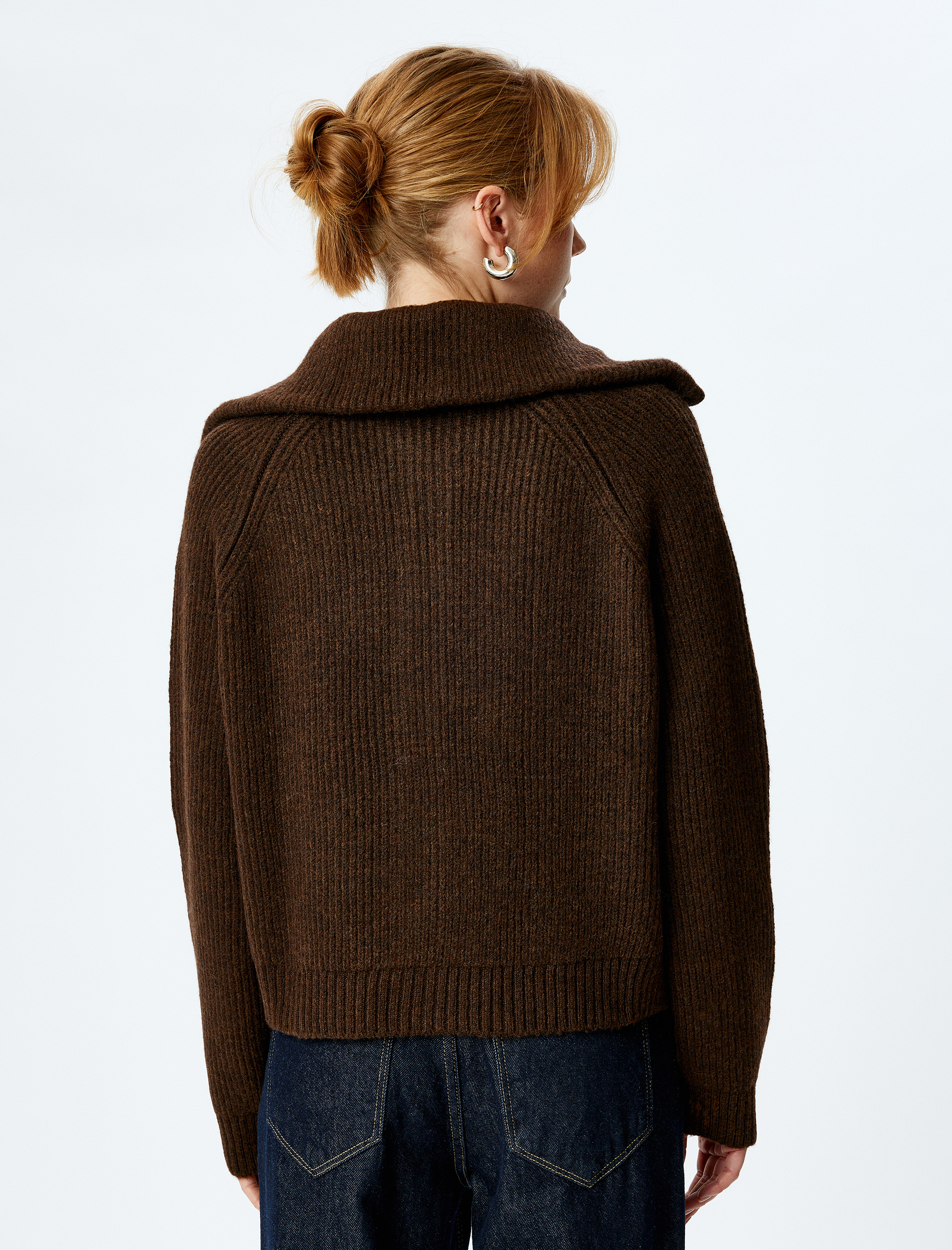   Dik Yaka Fermuarlı Uzun Kollu Triko Hırka