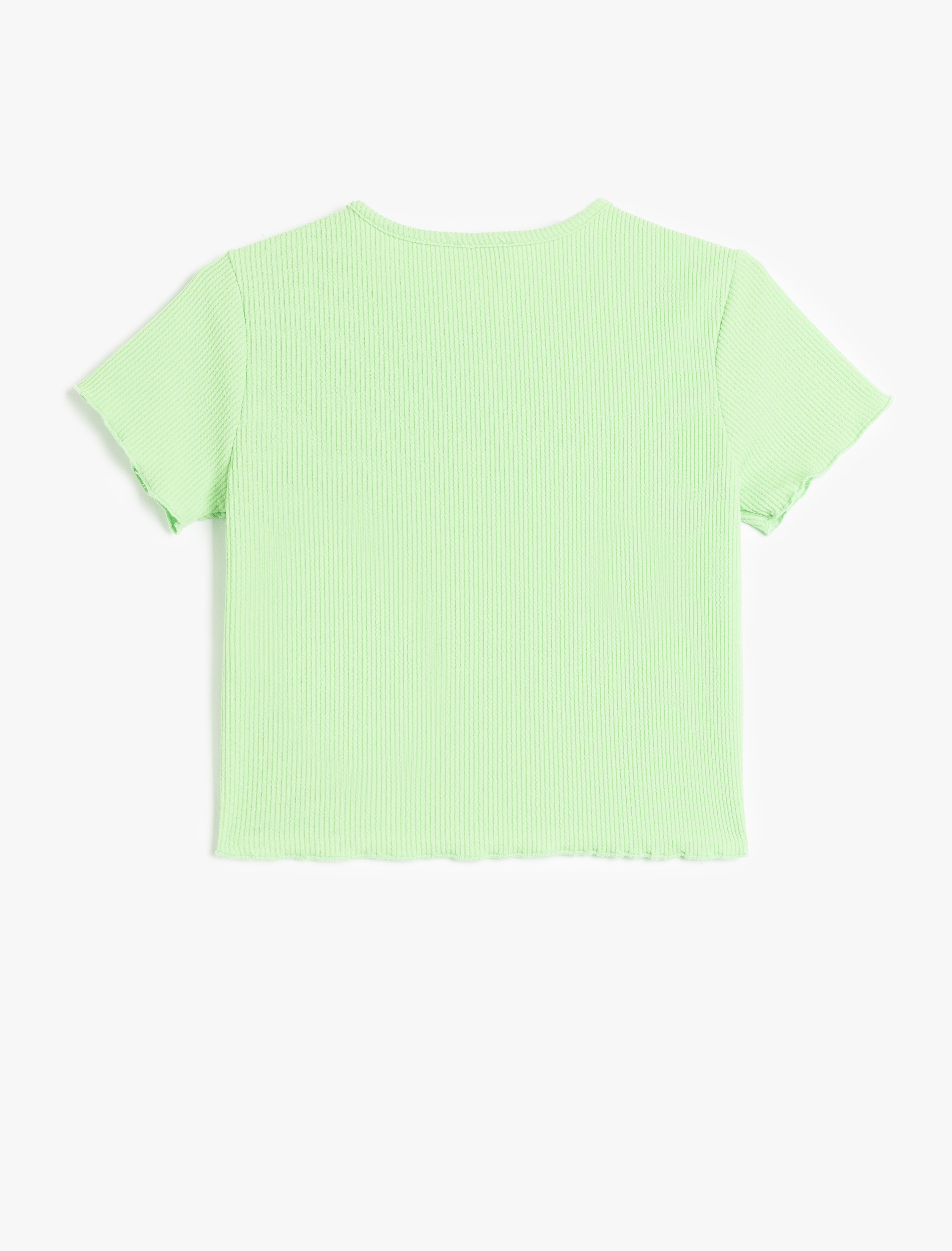  Kız Çocuk Palmiye Desenli Pencere Detaylı Kısa Kollu Bisiklet Yaka Crop Tişört