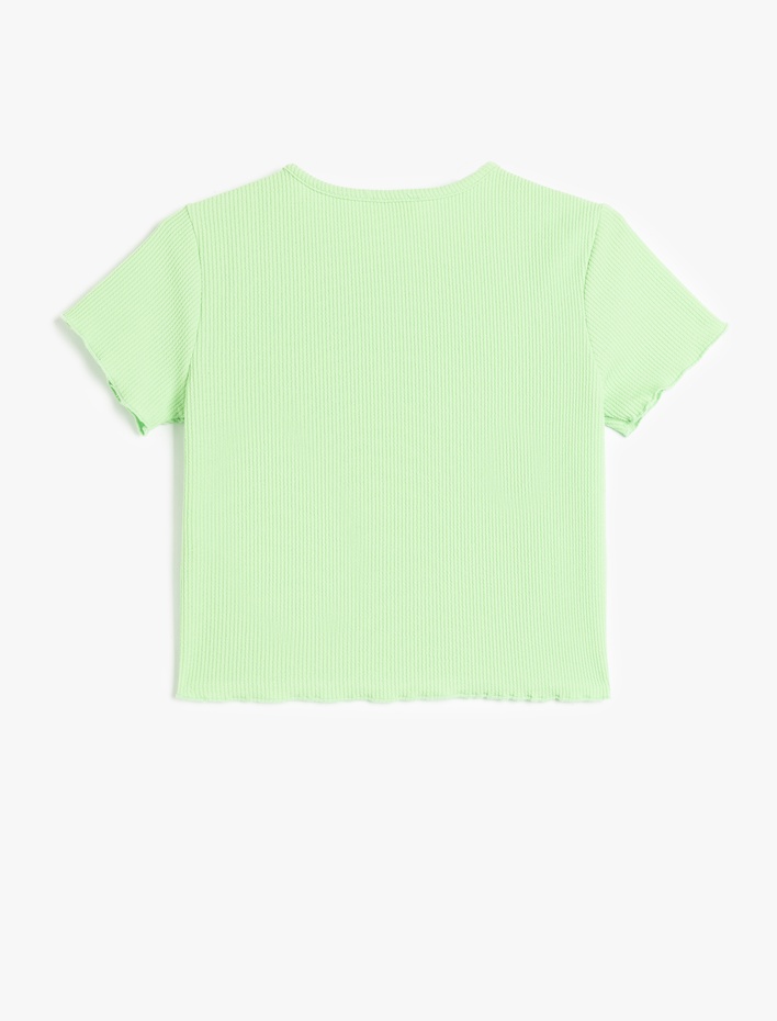 Kız Çocuk Palmiye Desenli Pencere Detaylı Kısa Kollu Bisiklet Yaka Crop Tişört