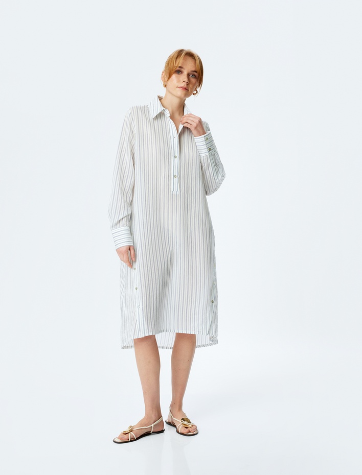  Viskon Yarım Düğmeli Uzun Kollu Midi Boy Oversize Gömlek Elbise