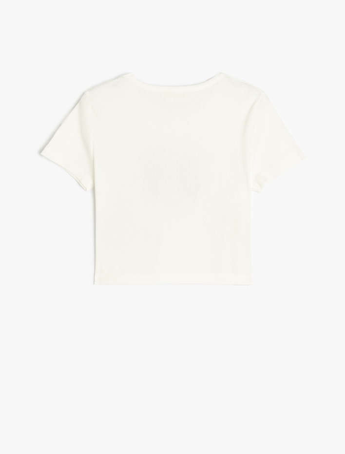 Kız Çocuk Kurdele Baskılı Kısa Kollu Bisiklet Yaka Pamuklu Kaşkorse Crop Tişört