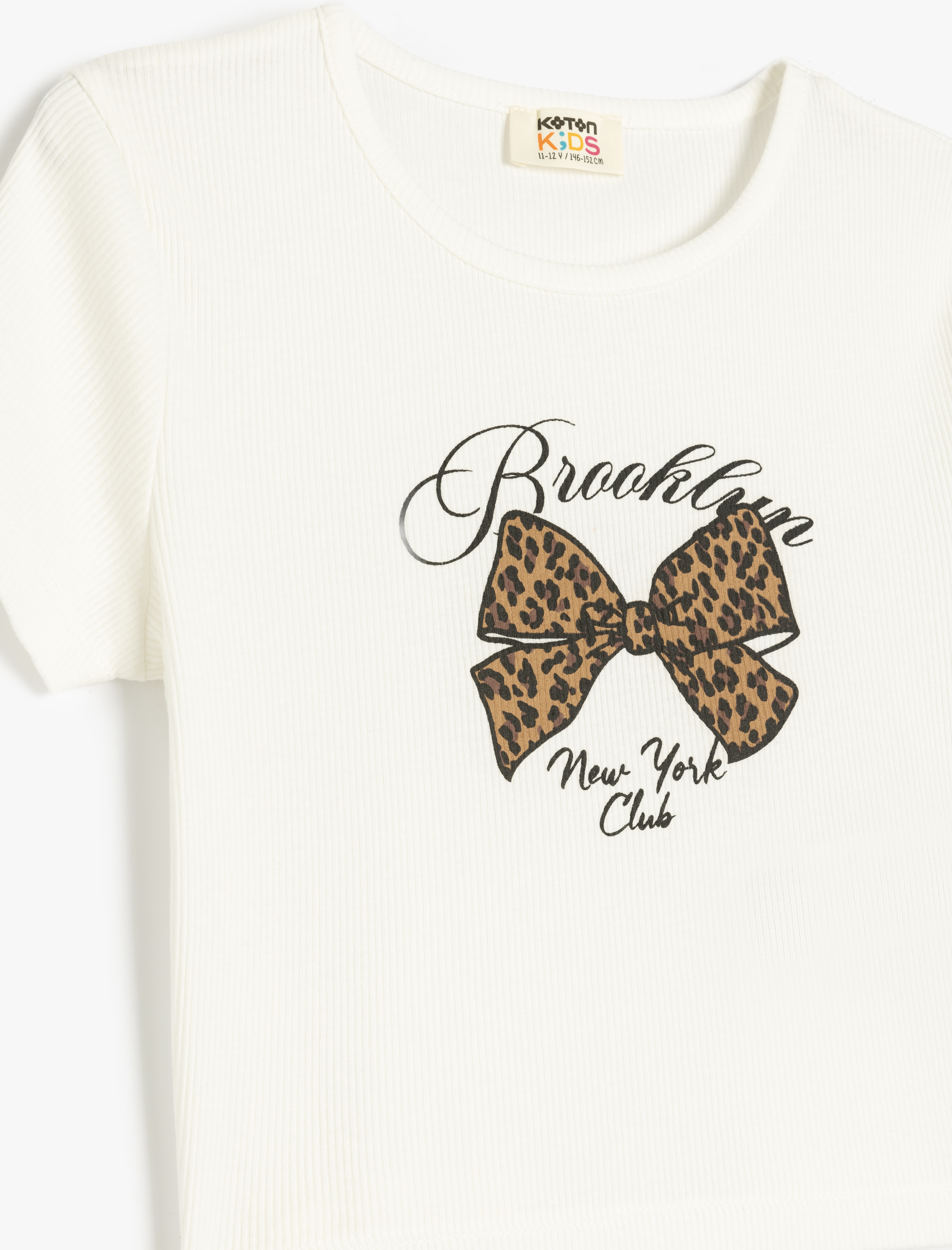  Kız Çocuk Kurdele Baskılı Kısa Kollu Bisiklet Yaka Pamuklu Kaşkorse Crop Tişört