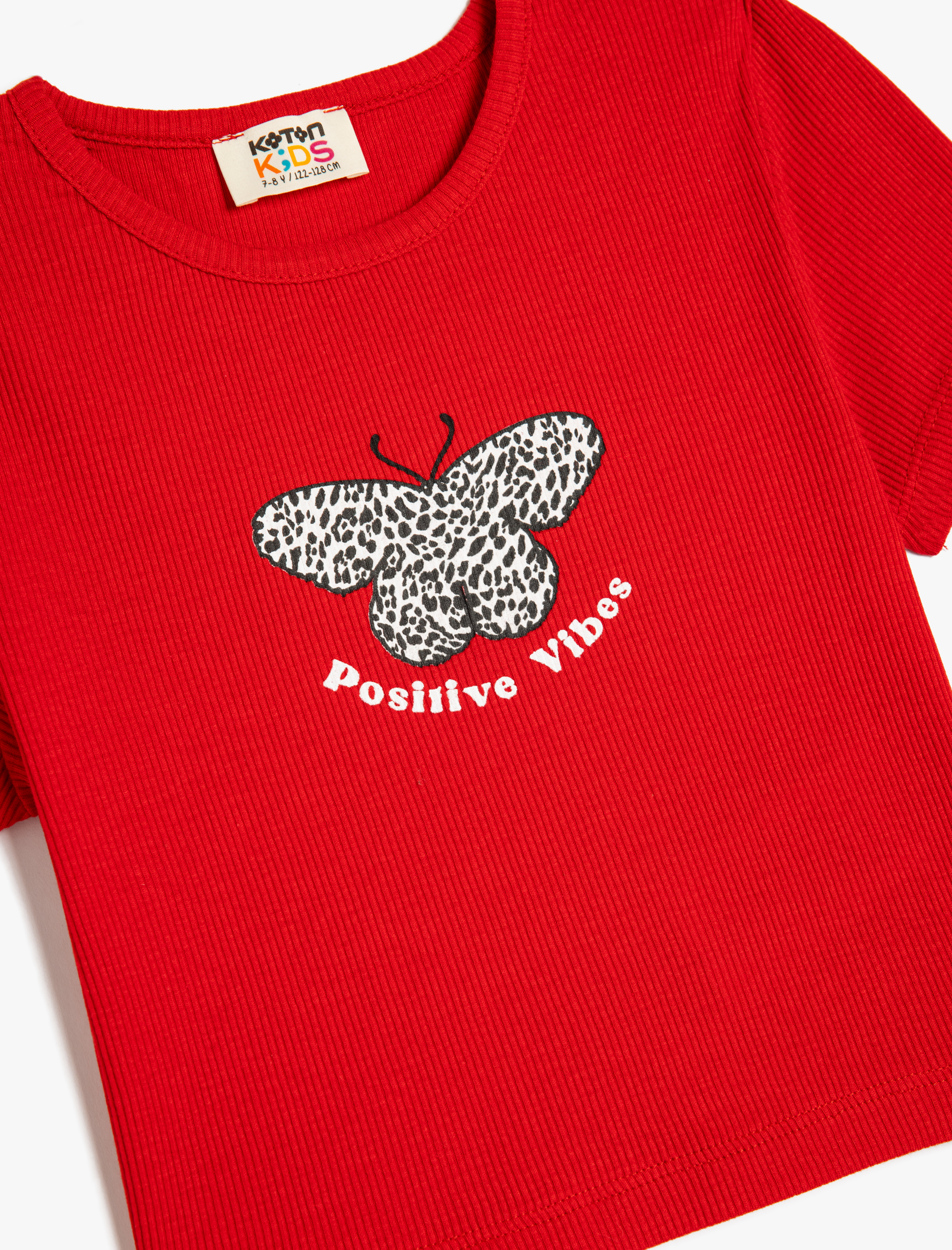  Kız Çocuk Kelebek Baskılı Kısa Kollu Bisiklet Yaka Pamuklu Crop Tişört