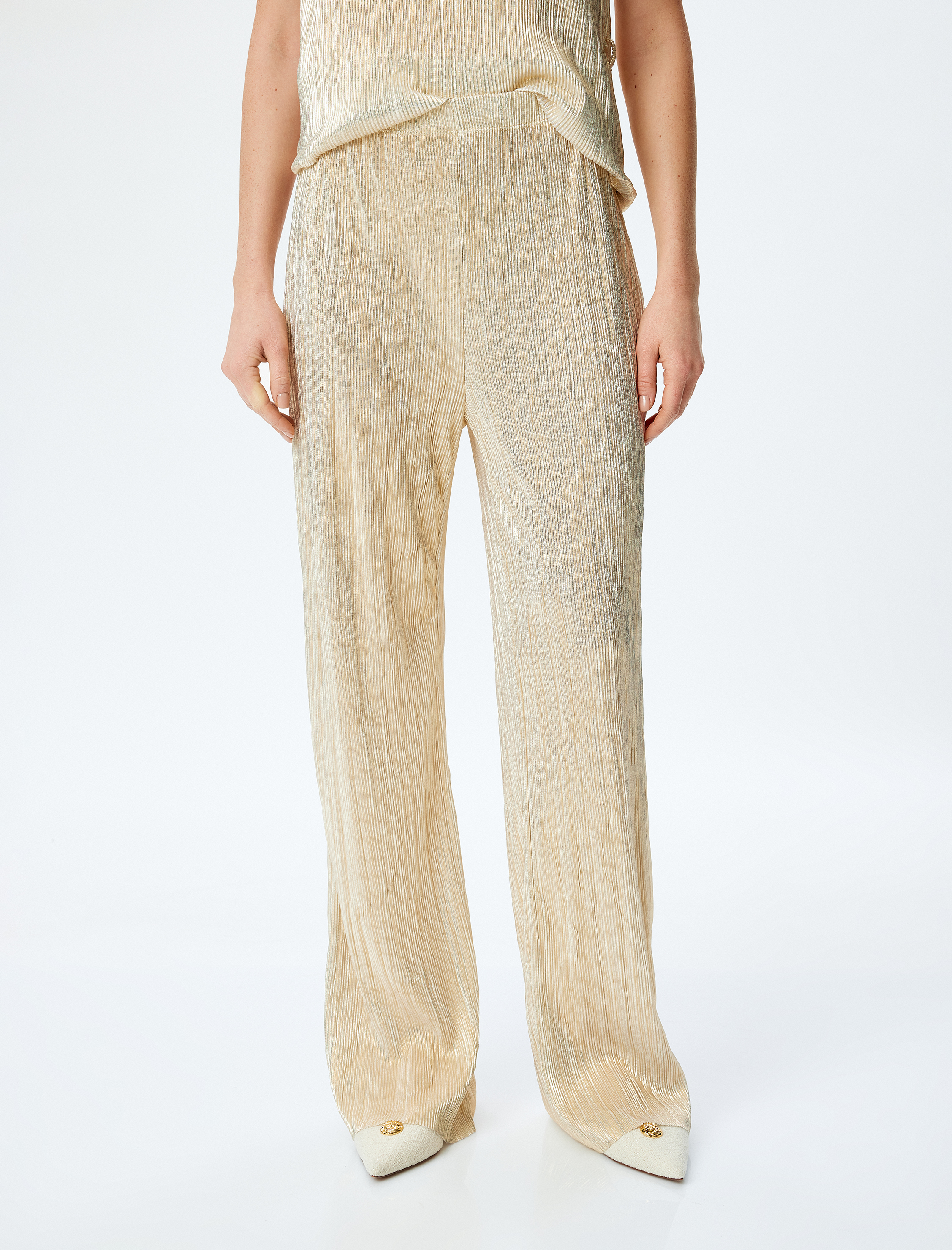 Beli Bağlamalı Yüksek Bel Parlak Piliseli Palazzo Pantolon