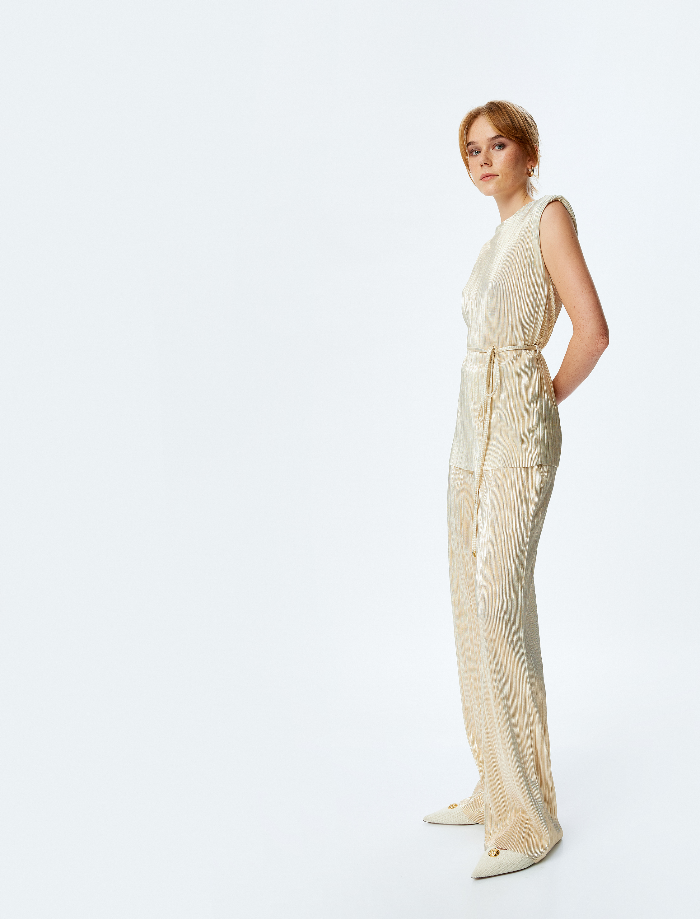 Beli Bağlamalı Yüksek Bel Parlak Piliseli Palazzo Pantolon