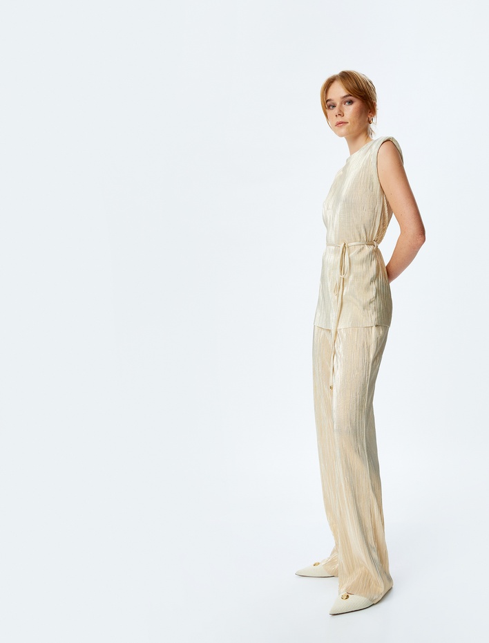  Beli Bağlamalı Yüksek Bel Parlak Piliseli Palazzo Pantolon