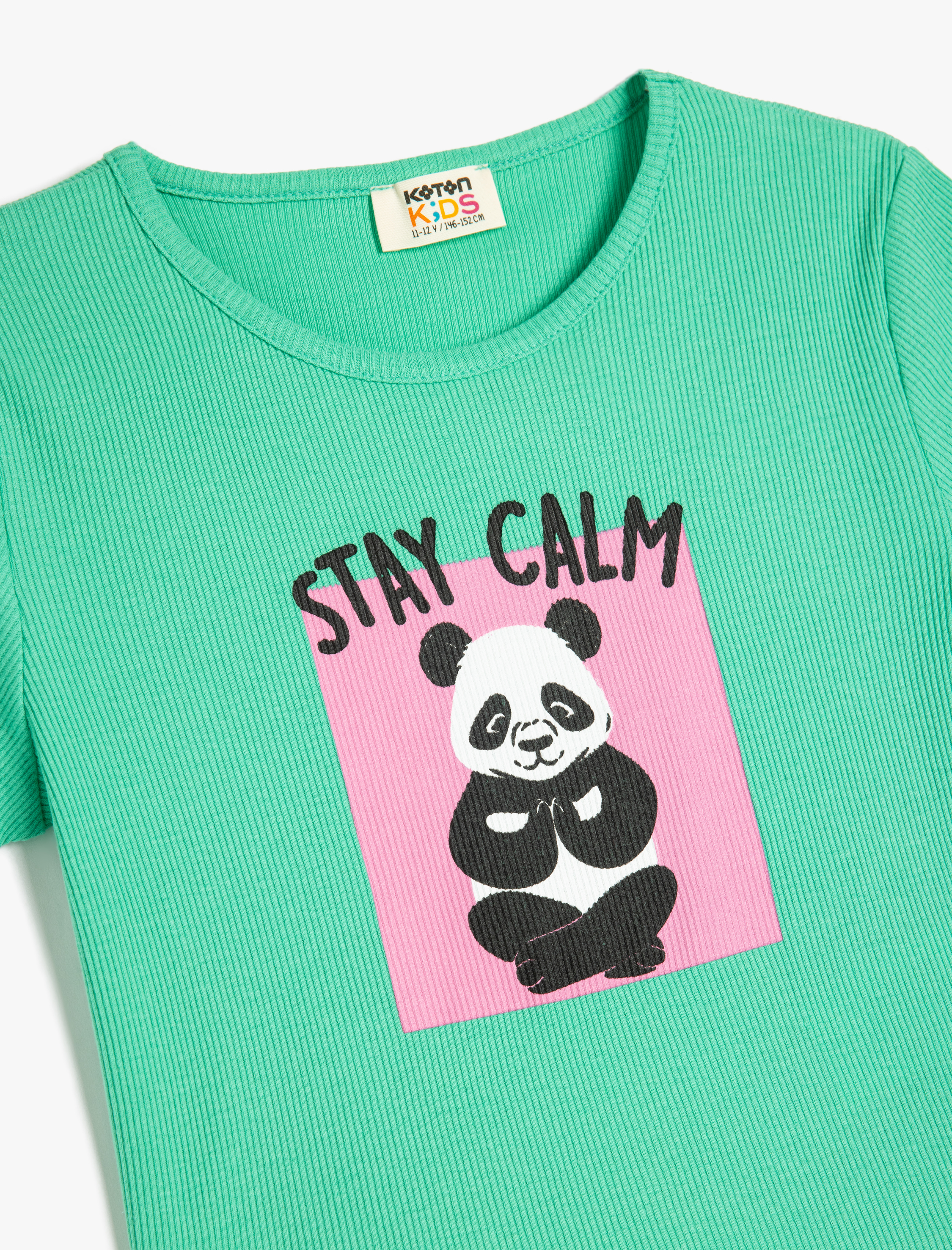  Kız Çocuk Pamuklu Panda Baskılı Bisiklet Yaka Kısa Kollu Crop Tişört