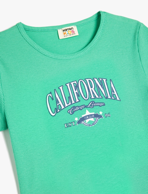 California Baskılı Kısa Kollu Bisiklet Yaka Pamuklu Crop Tişört_2
