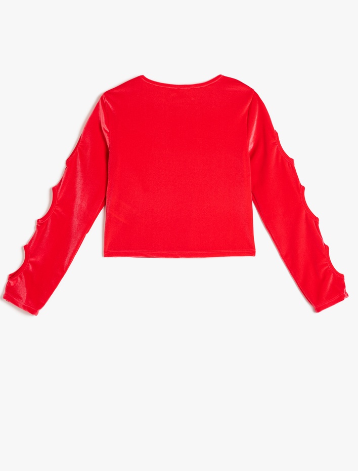 Kız Çocuk Uzun Kollu Bisiklet Yaka Pencere Detaylı Kadife Bluz