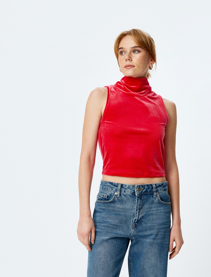  Kadife Crop Top Kolsuz Dik Yaka