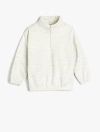 Yarım Fermuar Detaylı Dik Yaka Uzun Kollu Şardonlu Basic Sweatshirt