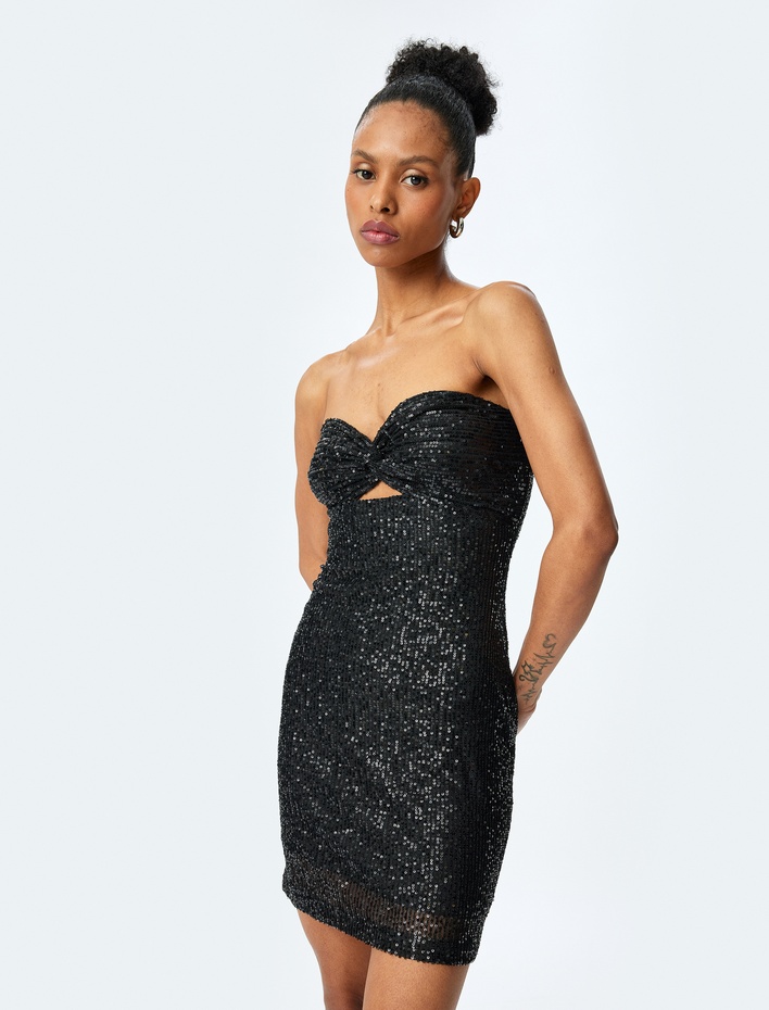  Pullu Payetli Pencere Detaylı Kolsuz Straplez Mini Elbise