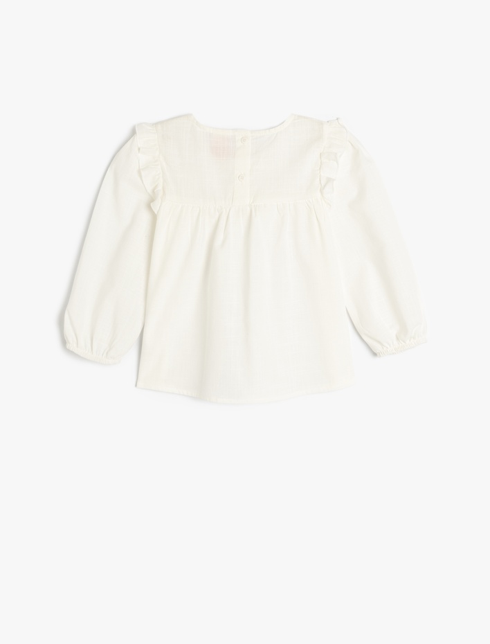Kız Bebek Pamuklu Bisiklet Yaka Uzun Kollu Basic Fırfır Detaylı Bluz