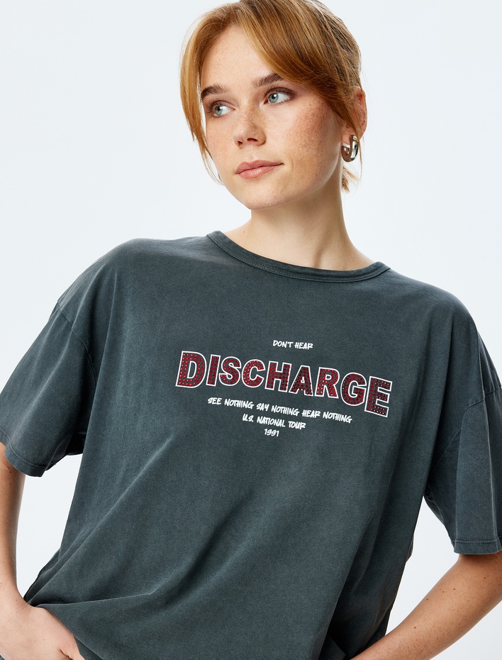  Pamuklu Bisiklet Yaka Kısa Kollu Baskılı Tişört