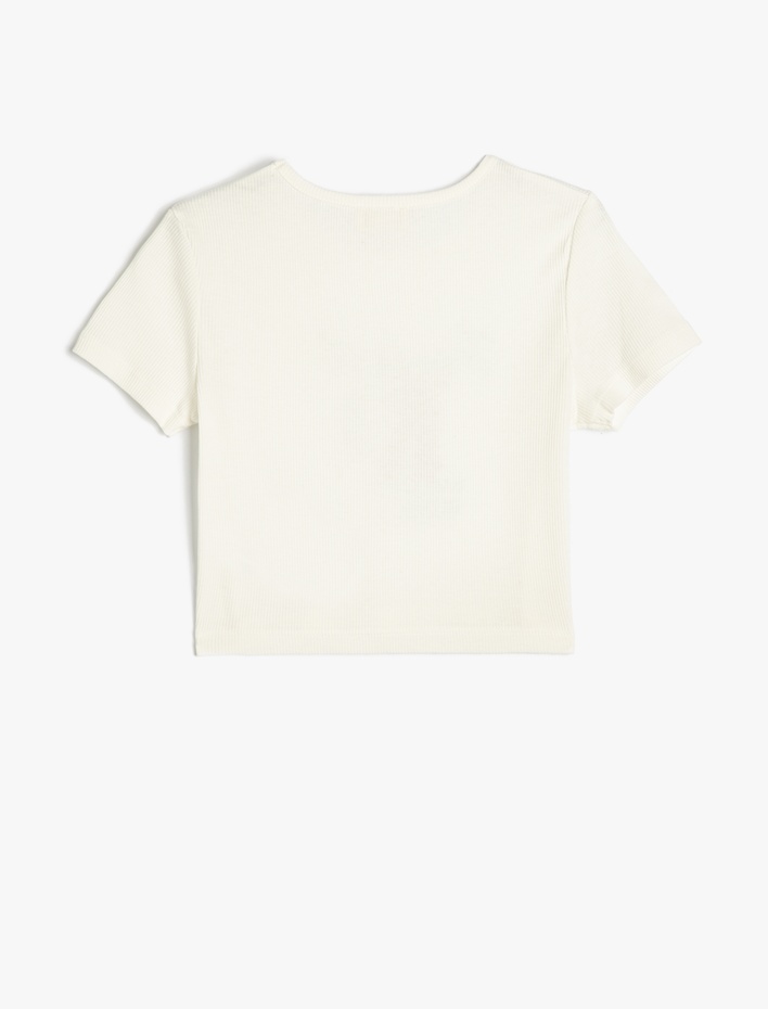 Kız Çocuk Bisiklet Yaka Kısa Kollu Pamuklu Baskı Detaylı Crop Tişört