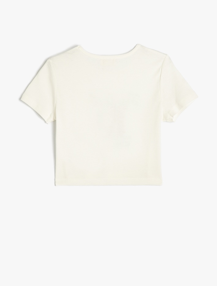 Kız Çocuk Kısa Kollu Bisiklet Yaka Pamuklu Kedi Baskılı Crop Tişört