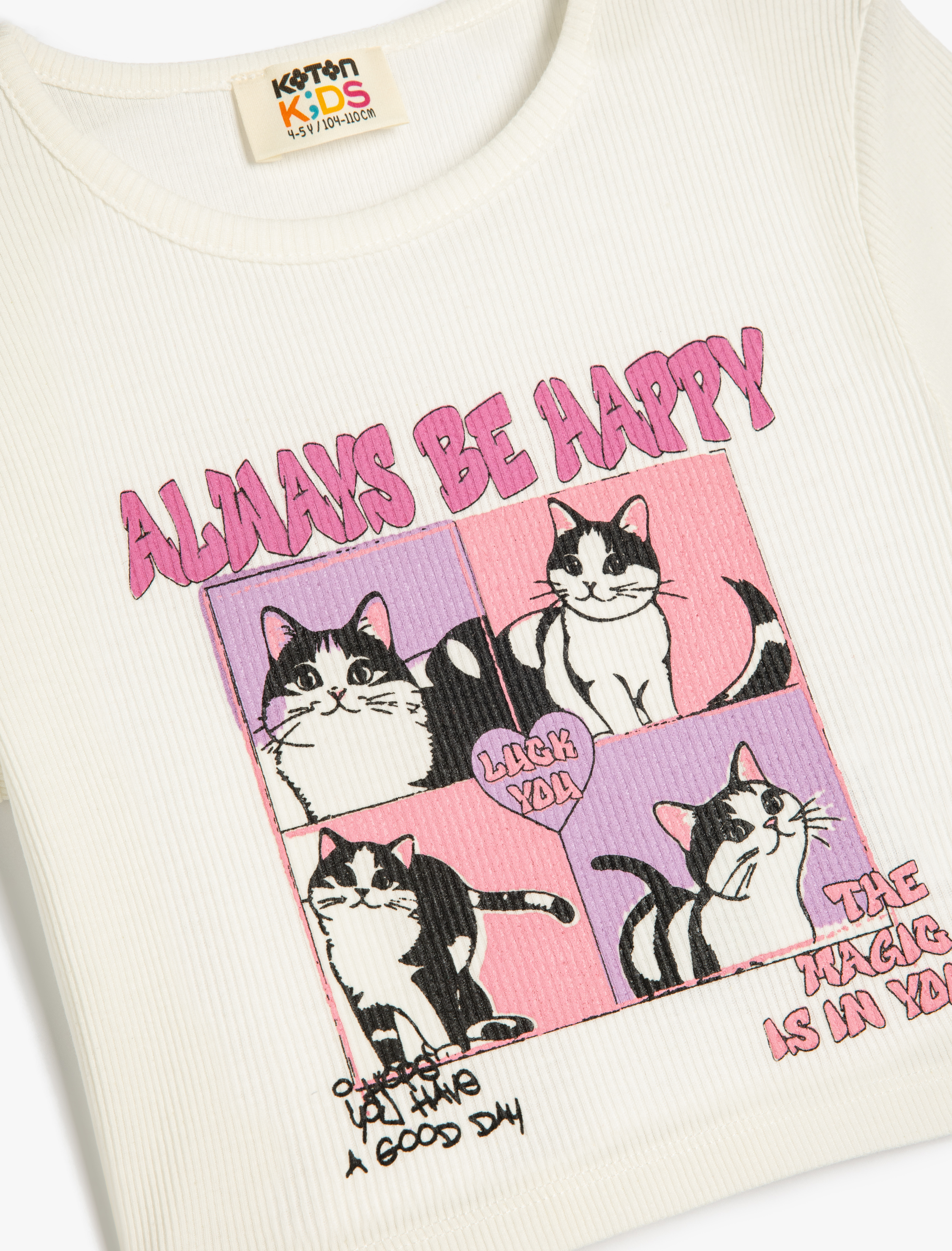  Kız Çocuk Kısa Kollu Bisiklet Yaka Pamuklu Kedi Baskılı Crop Tişört