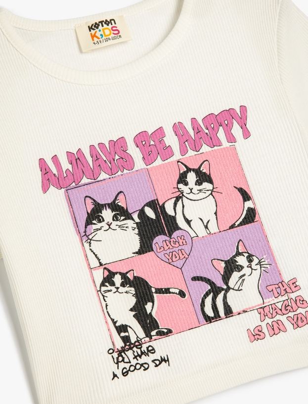 Kısa Kollu Bisiklet Yaka Pamuklu Kedi Baskılı Tişört_2