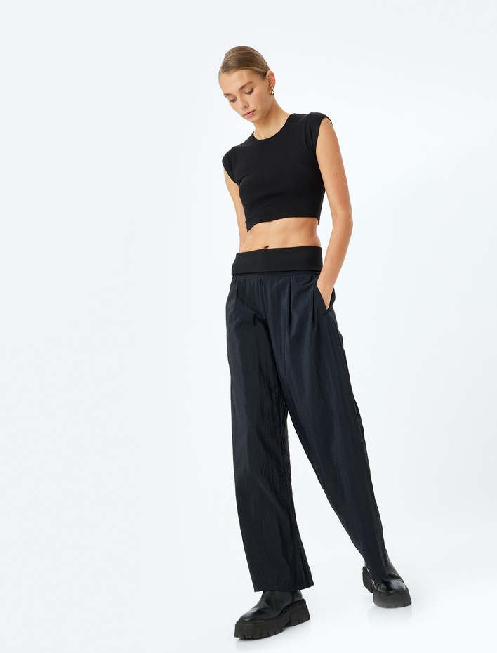  Cepli Düşük Bel Geniş Paça Paraşüt Kumaş Pantolon