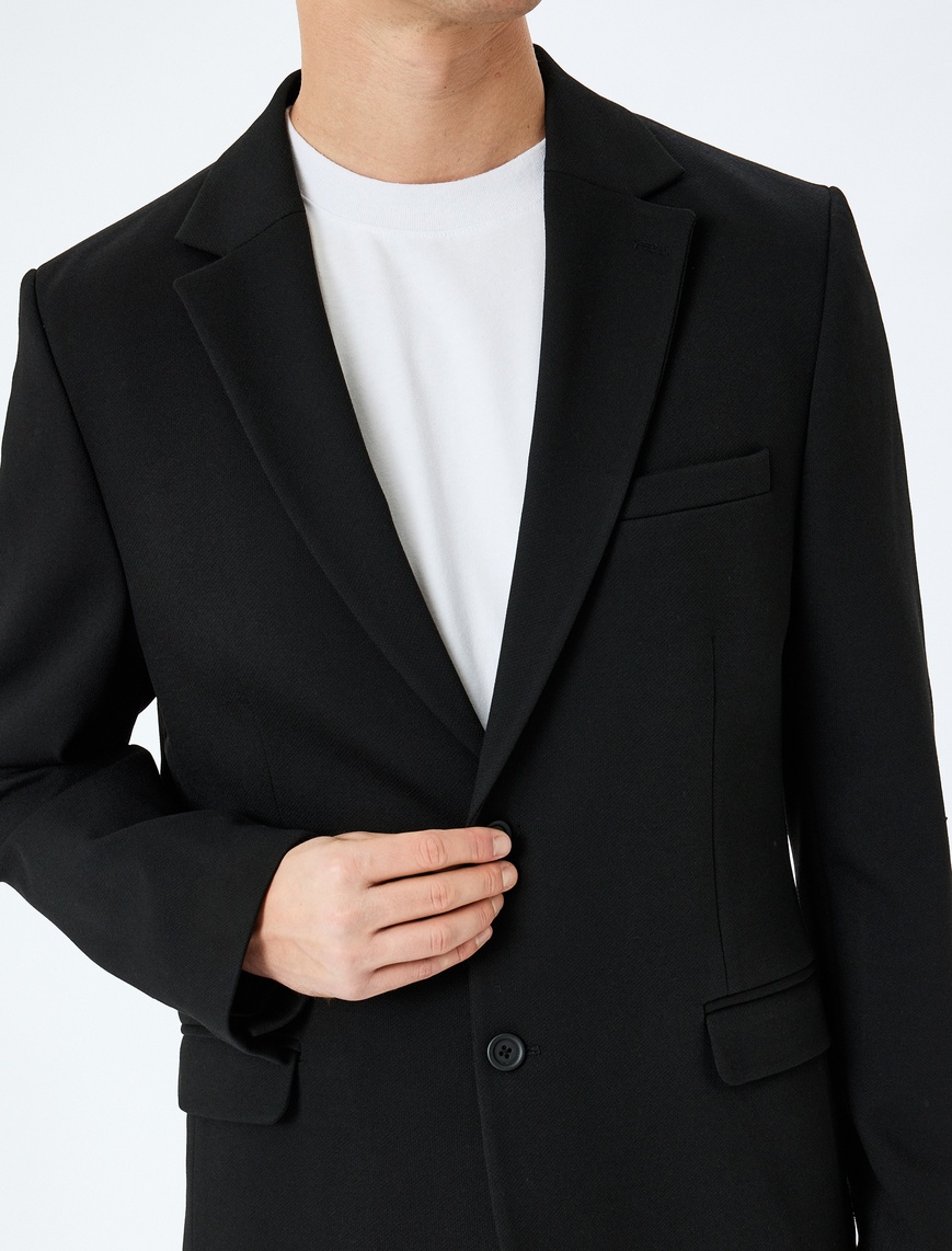   Slim Fit Viskon Karışımlı Cepli Pike Kumaş Mono Yaka Düğmeli Blazer Ceket