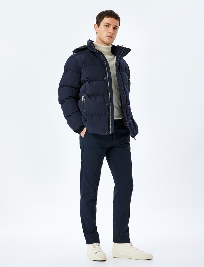  Çıkarılabilir Kapüşonlu Fermuarlı Cep Detaylı Slim Fit Şişme Mont
